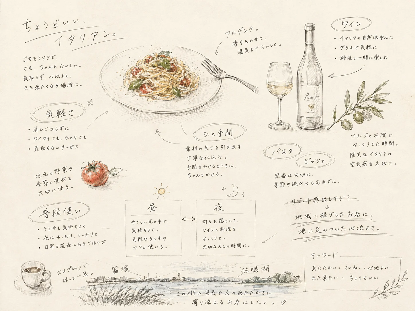 La OMINNIRの気軽さ、ひと手間、料理とワインの時間を表現した手描き風コンセプトスケッチ