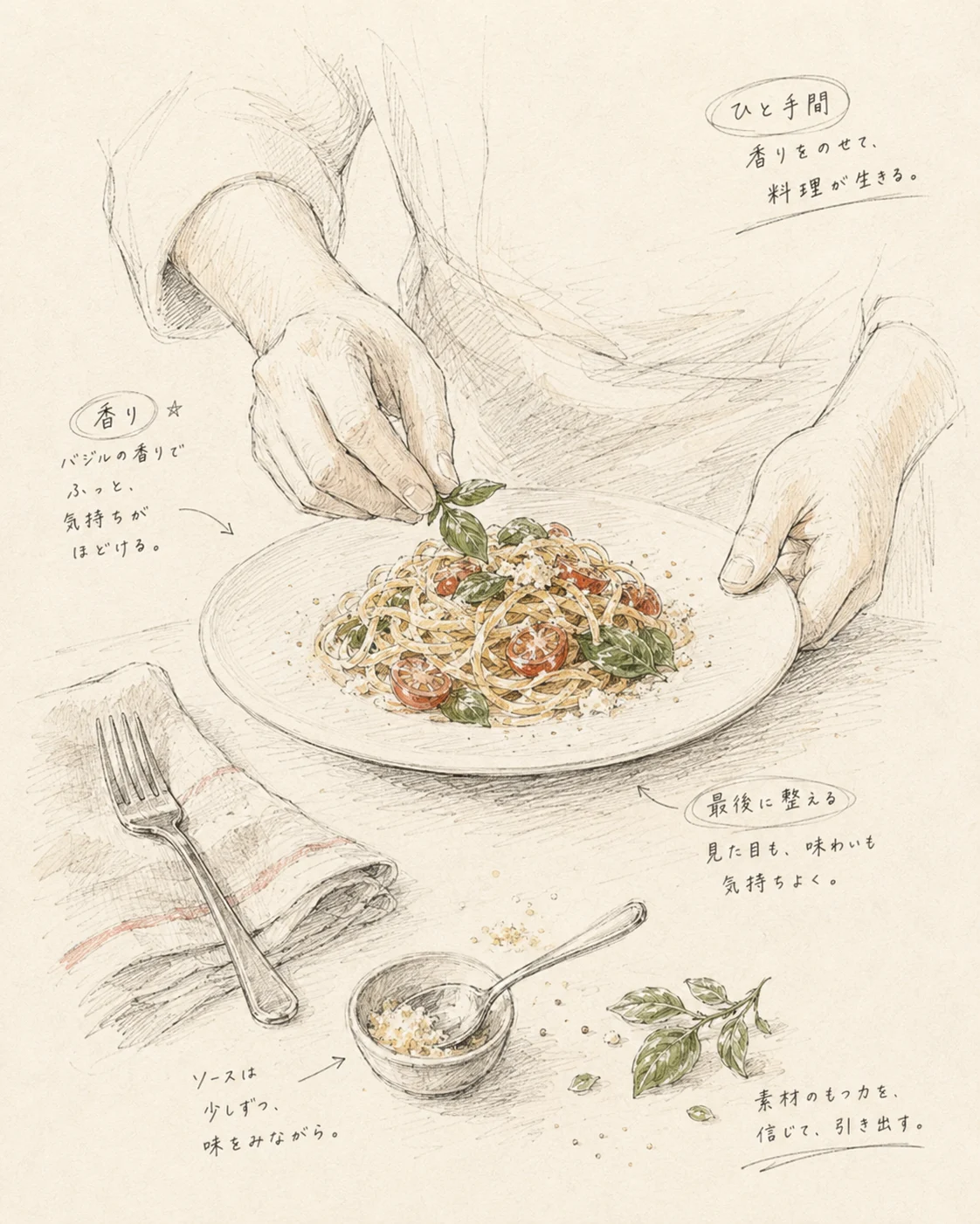 料理の仕上げを行う手元を描いたLa OMINNIRのイメージ