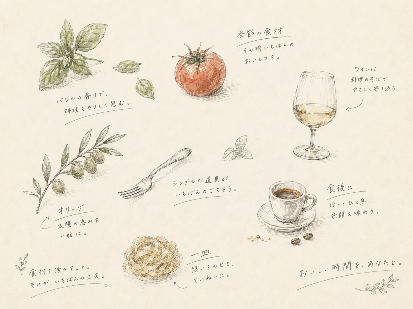 バジル、トマト、オリーブ、パスタ、ワイン、コーヒーなどを描いた手描き風スケッチ