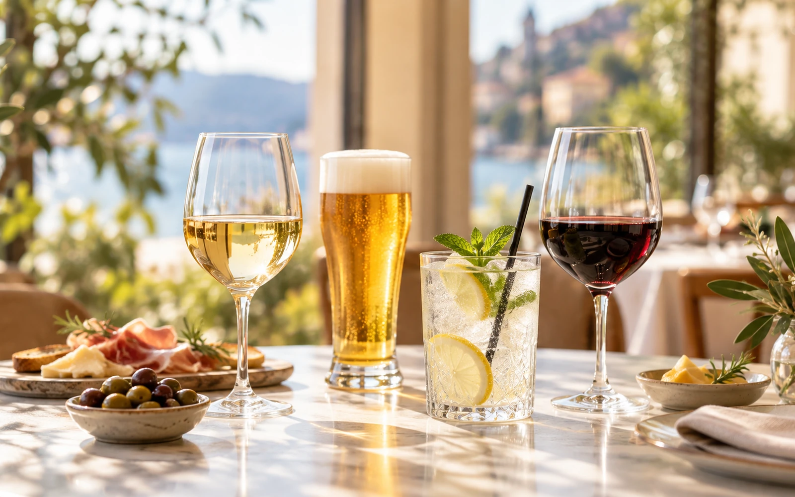 ワイン、イタリアビール、ノンアルコールドリンクをイメージしたテーブル